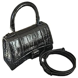 Balenciaga Hourglass Small Crocodile-Effect Leather Handbag Black