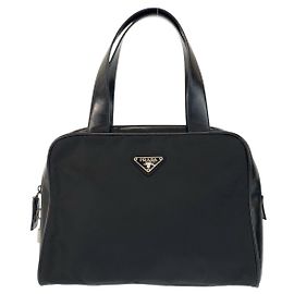 Bolsa de mão em nylon e couro com logo Tessuto da Prada Preto