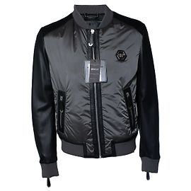 Philipp plein, Grey nylon and leather bomber jacket Grey
