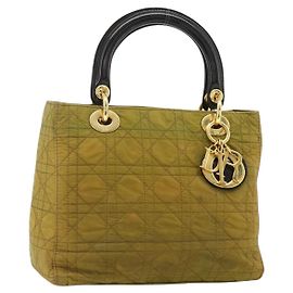 Christian Dior Bolsa Lady Dior Canage em nylon verde e dourado Auth BA12259 Dourado Verde