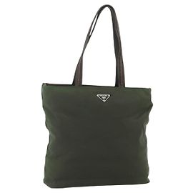 PRADA Tote Bag Nylon Khaki Silver Auth bs34647 Silvery Khaki