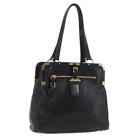 Prada Bolsa Tote de Couro Preto e Dourado Auth 176925A Preto Dourado
