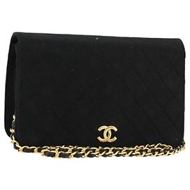 CHANEL Bolsa de Ombro Matelassé Corrente Algodão Preto Ouro CC Auth bs34514 Preto Dourado