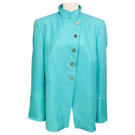 Akris Turquoise Woven Silk and Cashmere Button Front Jacket Blue