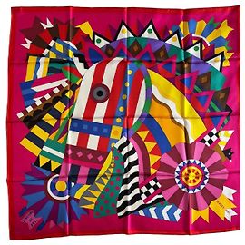 Carré 90 "Cheval de Fête" - Hermès Marron Rose Rouge Multicolore Beige Vert Jaune