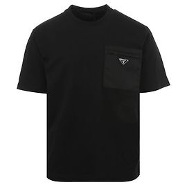 Prada Kurzarm-T-Shirt aus Nylon mit Tasche Logo Jersey Lina Schwarz