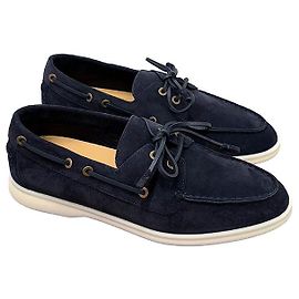 Loro Piana Low Leather Seaside Work Suede Lace-Up Loafers Blue Navy Blue