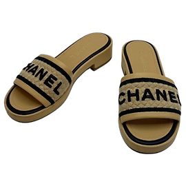 Chanel Lambskin Embroidered Logo Mule Sandals Brown