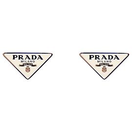Prada Silver White Triangle Logo Earrings White