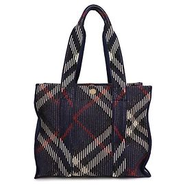 Burberry Small Check Knit Tote Bag Blue