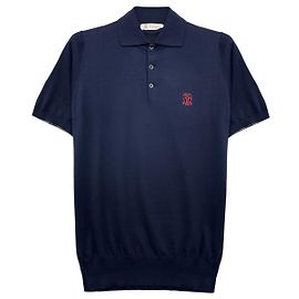 Brunello Cucinelli Logo Baumwollstrick Polo Kurzarm T-Shirt Blau