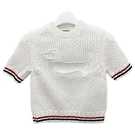Thom Browne Kurzarm-Strick-Tee Hector RWB mit Lochmuster in Weiß mit drei Streifen Weiß