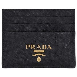 Prada Saffiano Metal Logo Gold Card Case Black