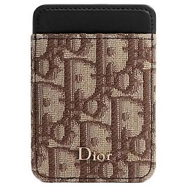 Dior Portacarte magnetico in jacquard obliquo marrone e pelle di vitello liscia nera Nero