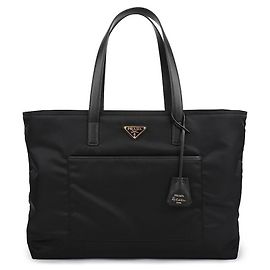 Prada Grande Bolsa Tote em Nylon Reciclado e Couro Saffiano Preto