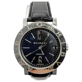 Bulgari Relógio com pulseira de couro automático Preto