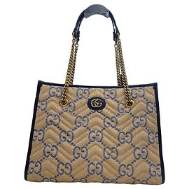 Gucci GG Marmont Raffia Effect Matelassé Tote and Shoulder Bag Blue