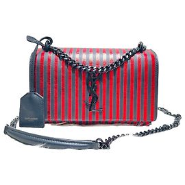 Saint Laurent Sunset Monogram Stripe Metallic Canvas Small Crossbody Bag Red