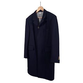 Thom Browne Chestfield Melton Gold Button Diagonal Wool Coat Navy Size Blue