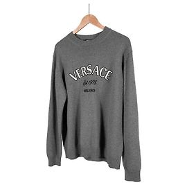 Versace Herrenpullover aus Wolle mit Milano-Stich und gesticktem Logo - Grau Braun