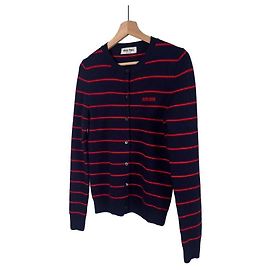 Miu Miu Cardigan in lana a maglia con logo e righe - Rosso Blu
