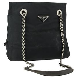 PRADA Chain Tote Bag Nylon Black Silver Auth bs34649 Black Silvery