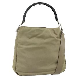 Bolsa de Ombro GUCCI Bamboo Nylon 2way Caqui Prata 001 1638 Auth bs34731 Prata Caqui