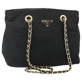 Borsa Tote a Catena Prada in Nylon Nero e Oro Auth bs34690 Nero D'oro