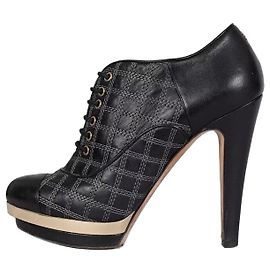 Chanel Black Leather Checkered Embroidery Ankle Boots Sz 37.5 pre-owned Other