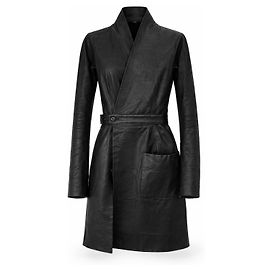 Rick Owens Black Leather Wrap Coat Black