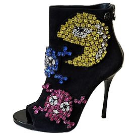 Philipp Plein Crystal Embellished Open Toe Ankle Boots Black