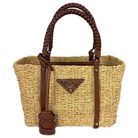 Bolsa tote Prada Palmetto Vitello trançada em ráfia natural Marrom