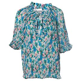 GANNI, plissierte Bluse mit 3/4-Ärmeln Blau