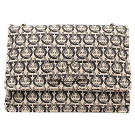 Salvatore Ferragamo Black Gancini Pattern Canvas Shoulder Bag Brown