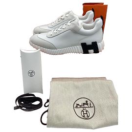 Hermès Tênis masculinos em couro de bezerro, camurça e couro de cabra branco e preto Branco