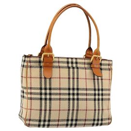 BURBERRY Nova Check Hand Bag Canvas Beige Gold Auth ep14042 Beige Golden