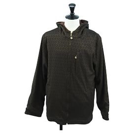 FENDI Zucchino Canvas Reversible Blouson Jacket Dark Brown Auth am11425V Dark brown