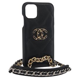 CHANEL Matelassé Cadena Funda para iPhone Bolsa de Piel de Cordero Negro Oro CC Auth BA12149A Negro Dorado
