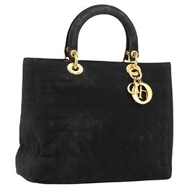 Christian Dior Borsa Lady Dior in nylon nero e oro Auth 168872 Nero D'oro