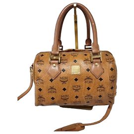 Bolsa Boston de couro Visetos MCM Cognac Conhaque