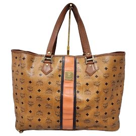 MCM Visetos Shopper Stripe XL Tote Bag Brown/Peach Brown Peach