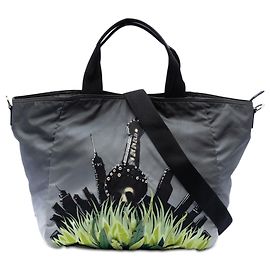 Bolsa Prada em Tessuto Cinza com Estampa de Cidade e Selva Marrom