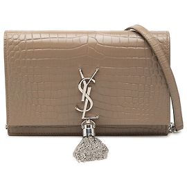 Saint Laurent Brown Small Croc Embossed Leather Monogram Kate Tassel Wallet on Chain Brown