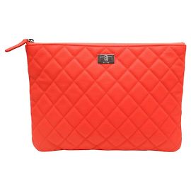 NEW CHANEL 2.55 ORANGE QUILTED LEATHER IPAD TABLET CASE POUCH Orange