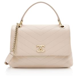 Chanel Chevron Couro de Bezerro Chic Pequena Alça Superior Marrom Bege