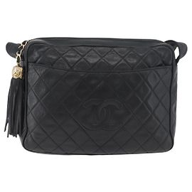 Chanel Vintage Diamond CC Slit Pocket Camera Bag Quilted Leather Medium Black