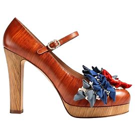 Talons Chanel 10P Runway Plateforme Florale Mary Jane, Bois Multicolore Marron Rouge Bleu Beige Doré