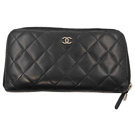 Chanel Coco Boy Zip Around Wallet Quilted Glazed Calfskin Long Black
