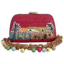 Autre Marque Serpui Embroidered Raffia Clutch Pink Tropical Bag Detachable Straps Pink Multiple colors
