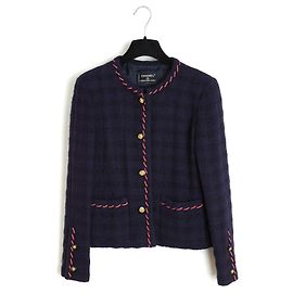 Jacket Chanel 1970s Navy Wool Tweed Whipstitch Trim FR38 Navy blue